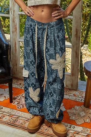 POL Indigo Paisley Patchwork Jogger w/ Ivory Crochet Patches