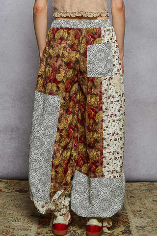 POL Dusty Red & Green Floral  Patchwork Jogger w/ Crochet Detail