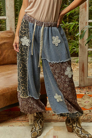 POL Denim Leopard Paisley Patchwork Jogger w/ Crochet Detail