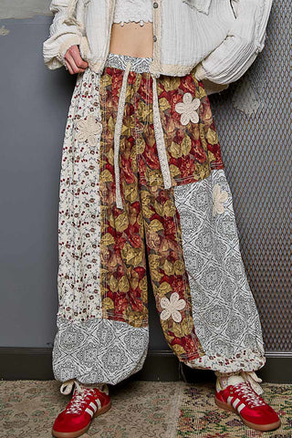 POL Dusty Red & Green Floral  Patchwork Jogger w/ Crochet Detail