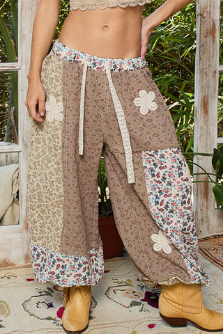 POL Mocha Floral Patchwork Jogger w/ Crochet Detail