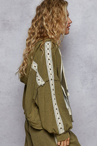 Light gray vintage hoodie jacket with stud trim and a relaxed fit