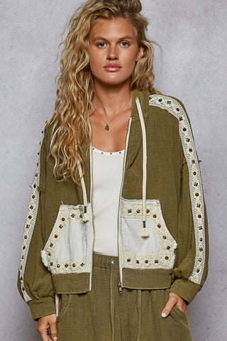 Light gray vintage hoodie jacket with stud trim and a relaxed fit