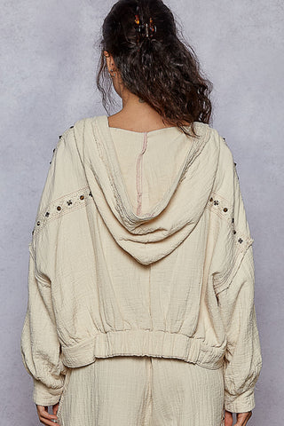 Light gray vintage hoodie jacket with stud trim and a relaxed fit