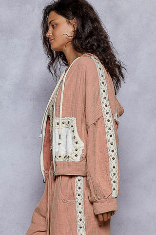 Light gray vintage hoodie jacket with stud trim and a relaxed fit