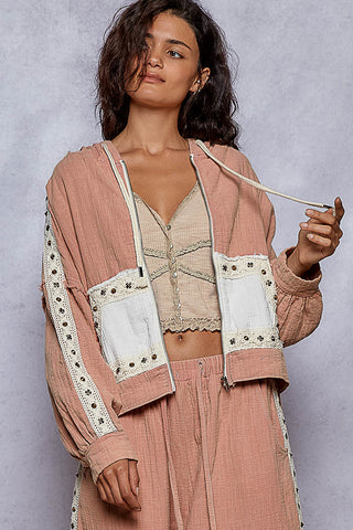 Light gray vintage hoodie jacket with stud trim and a relaxed fit