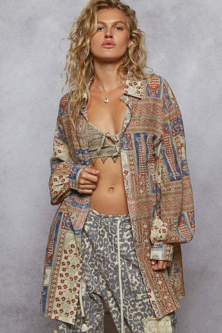 Taupe patchwork print long sleeve duster top with rust and blue accents