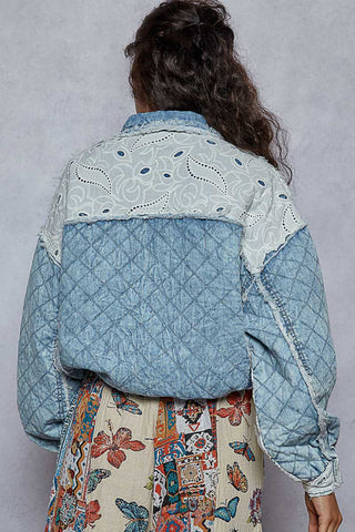 Light blue relaxed fit denim jacket with quilted details and lace accents
