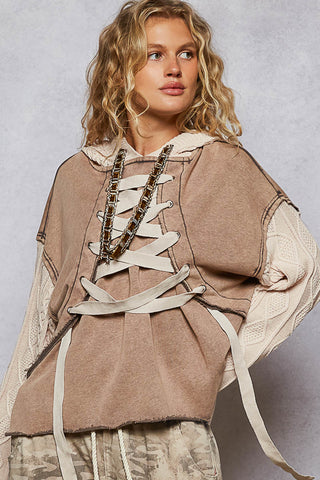 Mocha sweater top featuring a stylish lace-down detail on the front