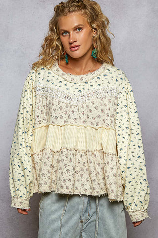POL Ivory Ditsy Floral Tiered Ruffle Pearl Accent Top