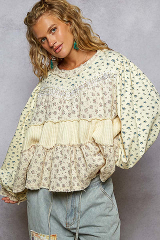 POL Ivory Ditsy Floral Tiered Ruffle Pearl Accent Top
