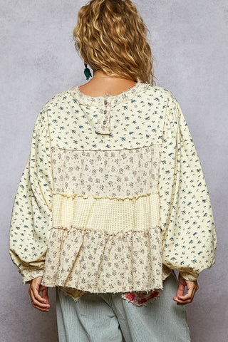 POL Ivory Ditsy Floral Tiered Ruffle Pearl Accent Top