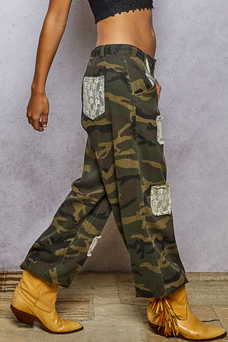 Olive camo joggers with lace patchwork detailing and a relaxed fit