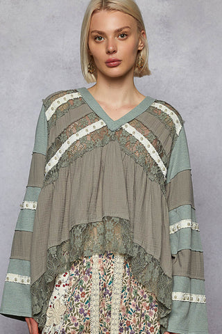 Light blue long sleeve top with ruffle trim and lace detailing