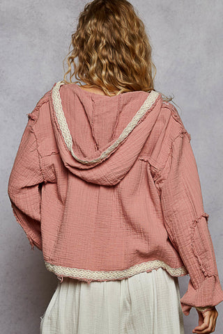 POL Dusty Pink Shoulder Embroider Shacket w/ Crochet Accents