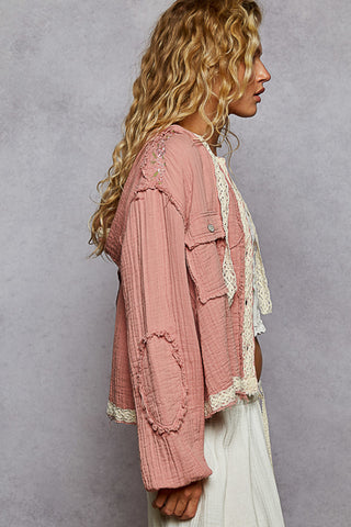 POL Dusty Pink Shoulder Embroider Shacket w/ Crochet Accents