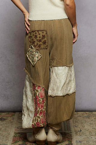 POL Dried Herb Jogger Pants with Embroidered Ivory and Patchwork Details, Oversized Fit for Stylish Comfort