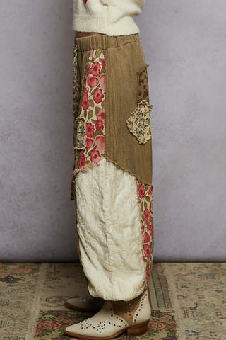 POL Dried Herb Jogger Pants with Embroidered Ivory and Patchwork Detail - Oversized Fit for Trendy Comfort.