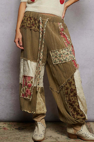 POL Dried Herb Jogger Pants with Ivory Embroidery & Patchwork Detail, Oversized Fit