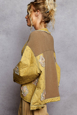 POL Oversized Honey & Taupe Quilted V Neck Jacket Top