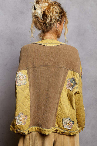 POL Oversized Honey & Taupe Quilted V Neck Jacket Top