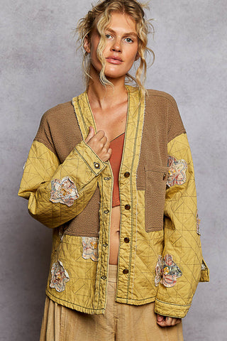 POL Oversized Honey & Taupe Quilted V Neck Jacket Top