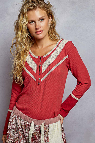 POL Vintage Ribbed Regular Fit Top w/ Lace Accent (2 COLORS)
