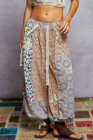 POL Peach & Blue Floral  Patchwork Jogger w/ Crochet Detail
