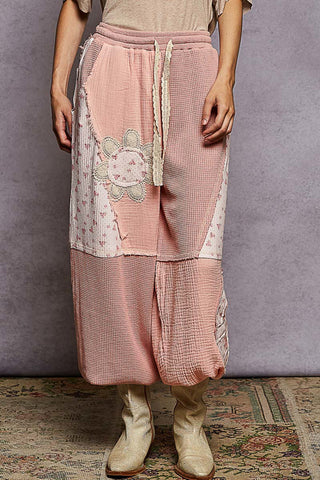 POL Pink Mixed Fabric Jogger w/ Ivory Crochet Detail