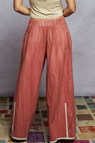 POL Vintage Wash Rosewood Red Wideleg Pants w/ Crochet Accent