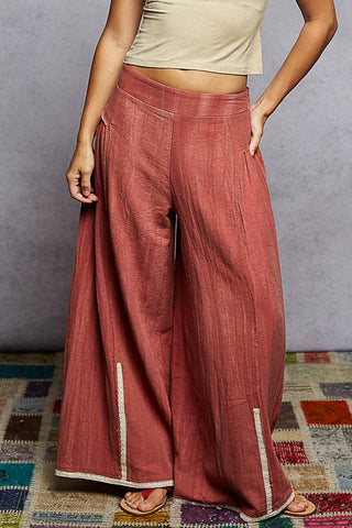 POL Vintage Wash Rosewood Red Wideleg Pants w/ Crochet Accent