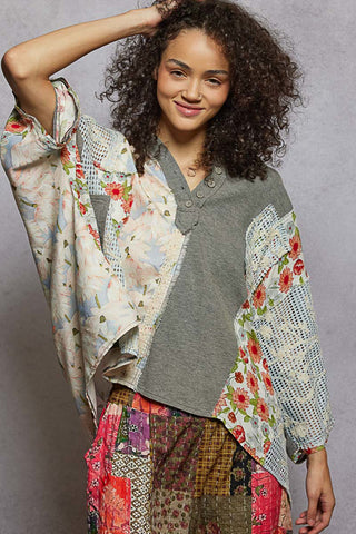 POL Heather Gray Half Placket Mixed Fabric Boxy Top Oversized