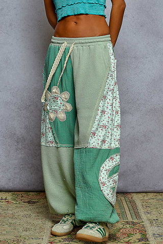 POL Mint Mixed Fabric Jogger w/ Ivory Crochet Detail