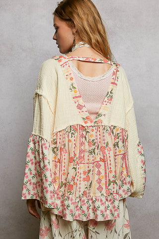 POL NATURAL Floral Contrast Cotton Gauze Cardigan Top