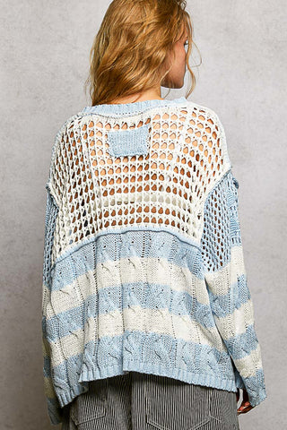 Alternate view of POL SKY BLUE Long Slv Open Weave Color Block Sweater Top
