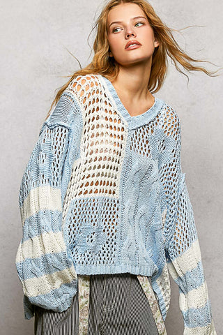 Alternate view of POL SKY BLUE Long Slv Open Weave Color Block Sweater Top
