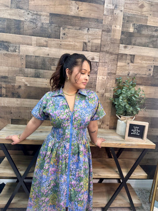 Entro Periwinkle Bloom Elastic Waist Zip Midi Dress