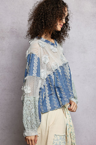 Alternate view of POL DENIM Romantic Vintage Mixed Fabric Top
