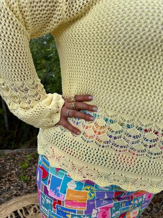 Alternate view of Cozy Co BUTTER YELLOW Open Knit Scallop Hem Sweater Top
