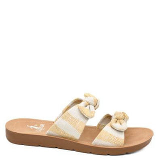 Fashionable Corkys Take A Bow Yellow & Natural Slide Shoe with bow detail, perfect for casual summer style.