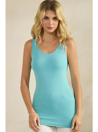 Seafoam reversible seamless tank on model with rounded neckline and fitted silhouette.
