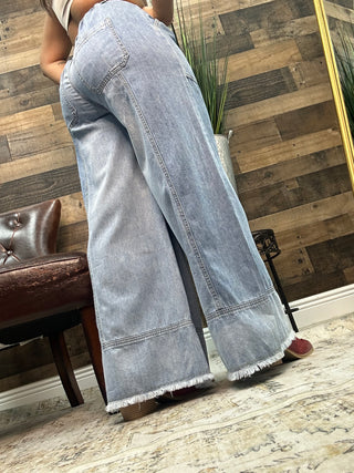 Light Denim Drawstring Waist Cargo Pocket Pants