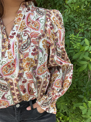 Entro Ecru & Honey Gold Paisley Long Slv Blouse Top