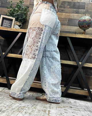 Alternate view of POL Acid Wash Denim, Lace & Stripe Barrel Leg
