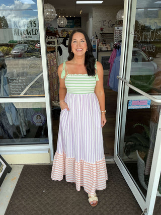 Colorful Sherbert Striped Shoulder Tie Maxi Dress, perfect for summer outings and beach vacations.