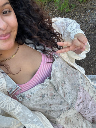 POL Sand Floral Patchwork Gypsy Fit Overalls