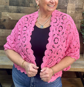 POL Bubblegum Pink Chenille Crochet Cardigan Shrug Top One Size