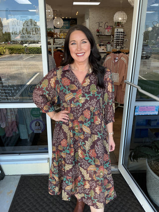 Umgee Brown Mix Floral Collared Midi Dress