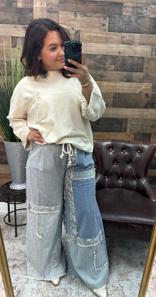 POL Denim Patchwork Raw Edge Lace Accent Wide Leg Pants