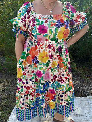 Oddi Carinival Bloom Floral Border Print Dress w/ Bubble Sleeve